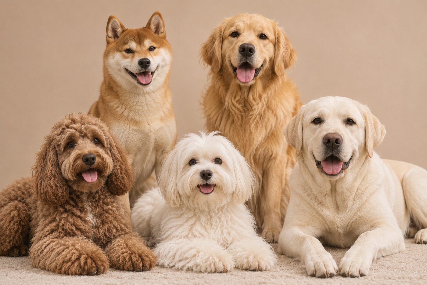 Mitsy's friends: a brown doodle, a shiba inu, a golden retriever, a white fluffy dog and a cream labrador